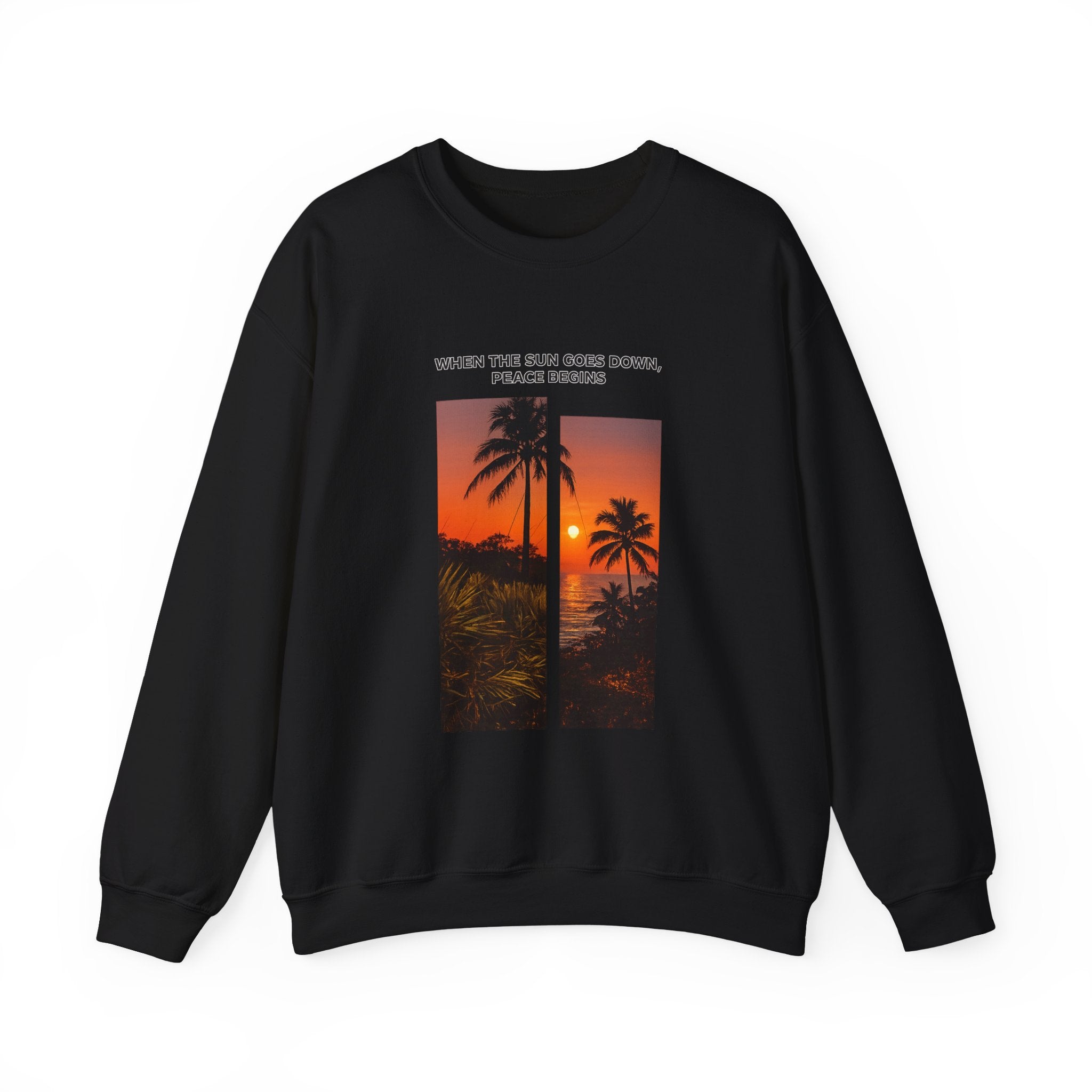 Sunset Palm Crewneck Sweatshirt — "When the Sun Goes Down, Peace Begins"