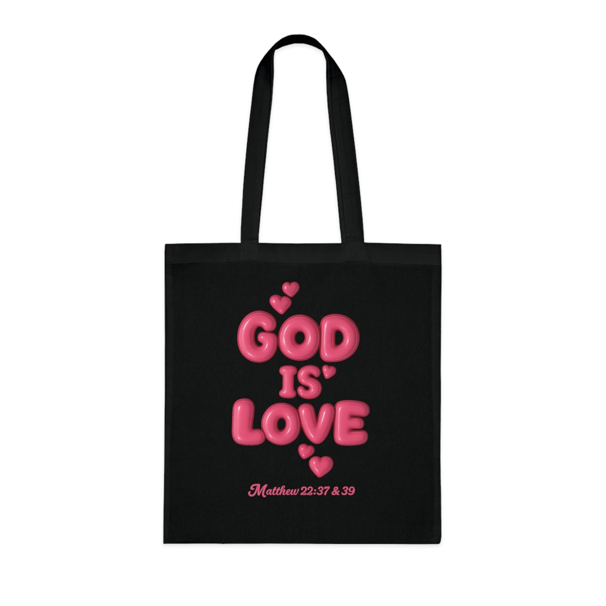 God Is Love Cotton Tote — Pink Heart Christian Scripture Tote (Matthew 22:37 & 39)