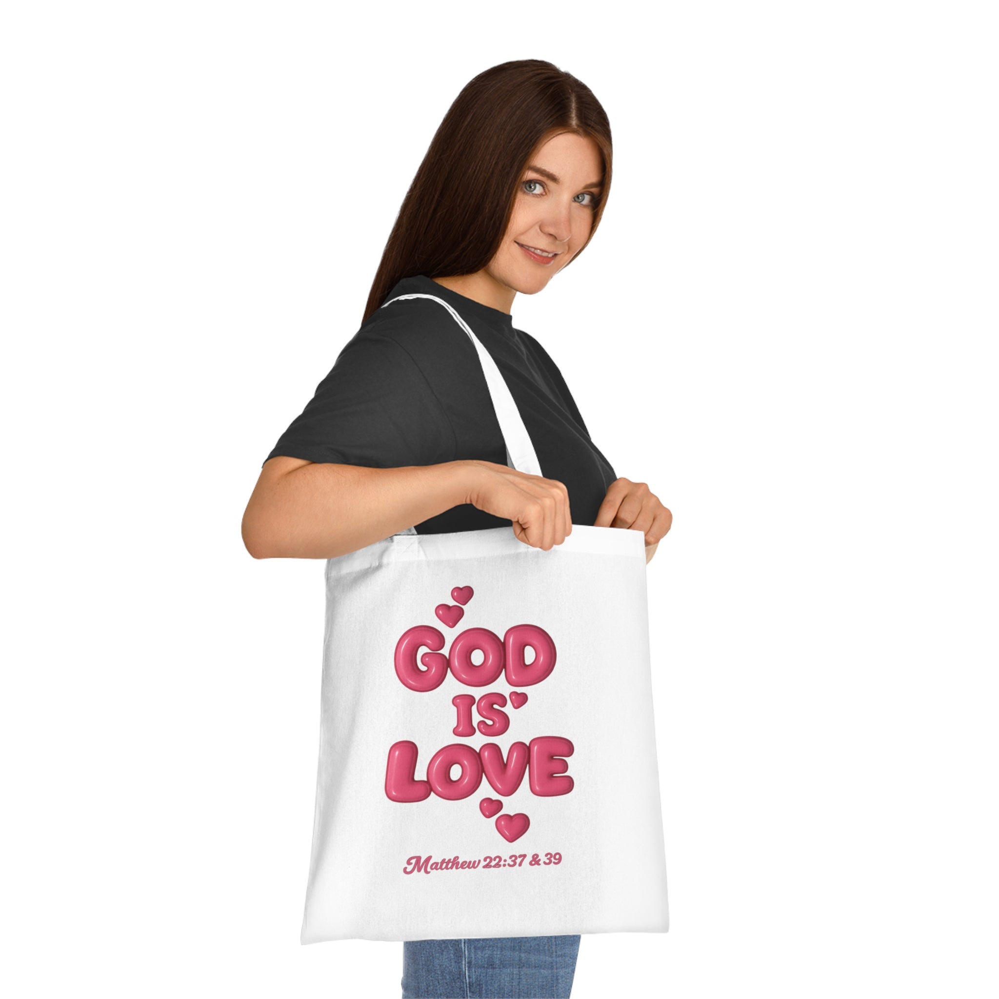 God Is Love Cotton Tote — Pink Heart Christian Scripture Tote (Matthew 22:37 & 39)