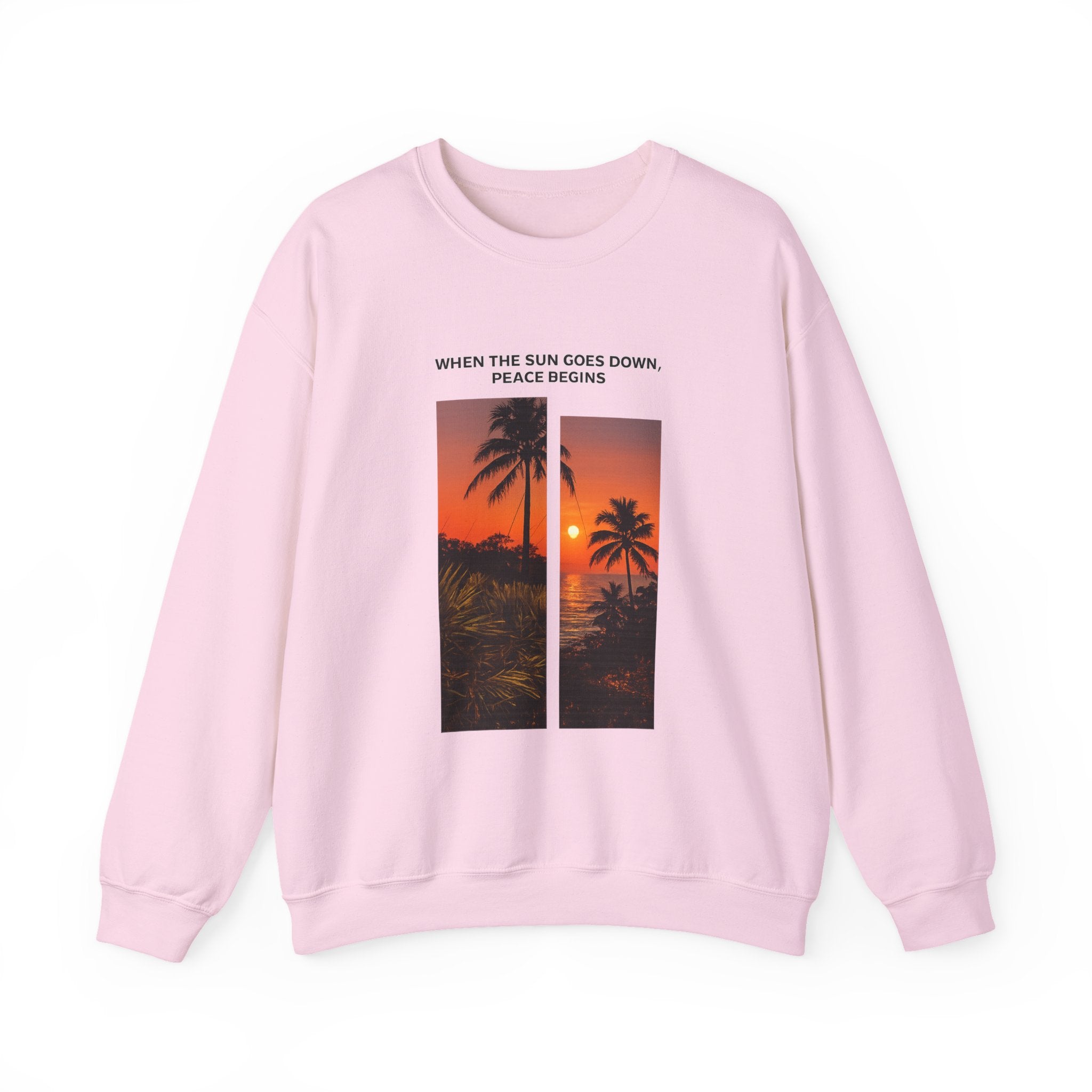 Sunset Palm Crewneck Sweatshirt — "When the Sun Goes Down, Peace Begins"