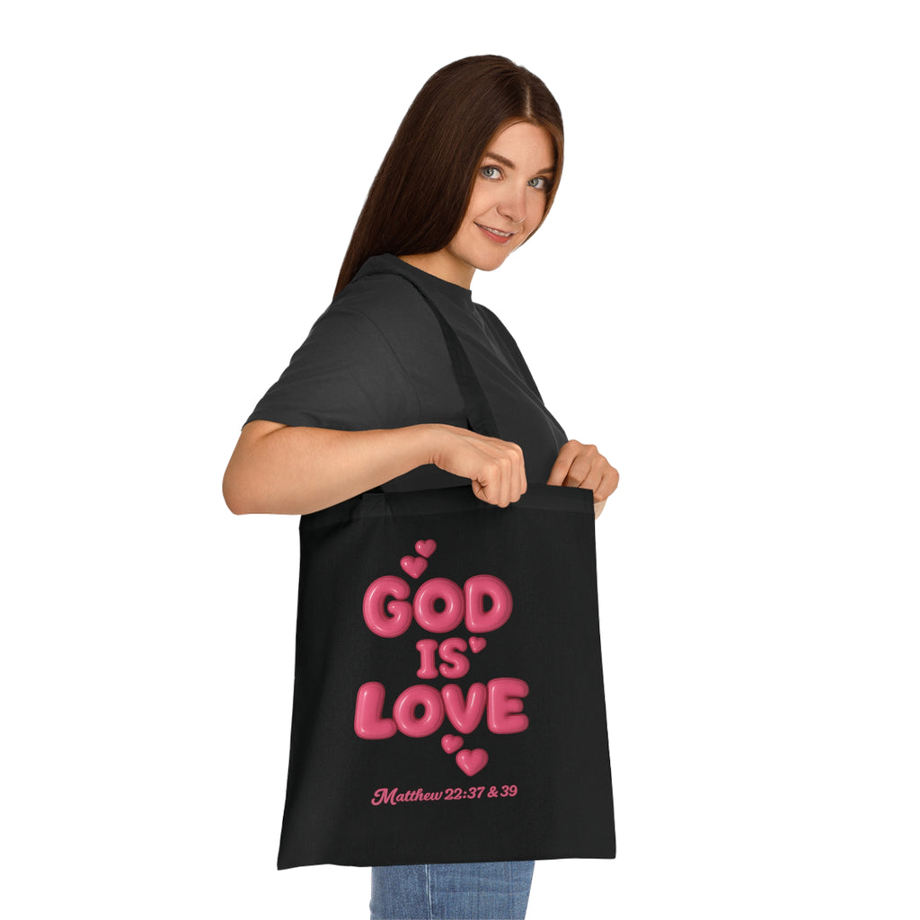 God Is Love Cotton Tote — Pink Heart Christian Scripture Tote (Matthew 22:37 & 39)
