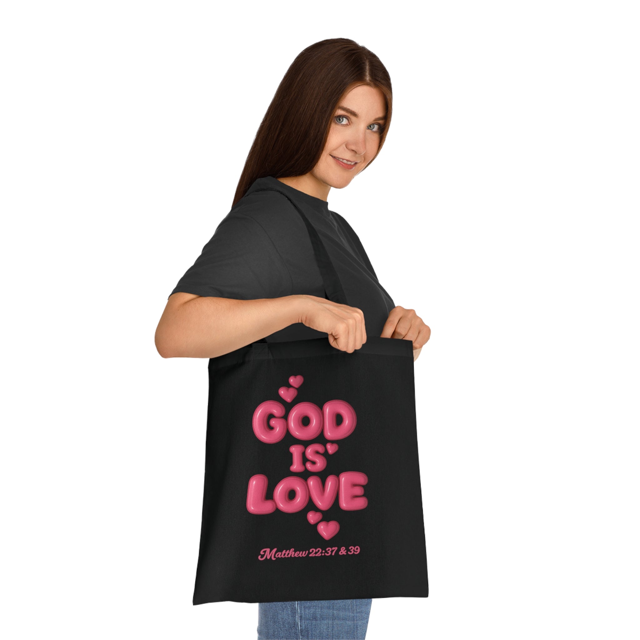 God Is Love Cotton Tote — Pink Heart Christian Scripture Tote (Matthew 22:37 & 39)