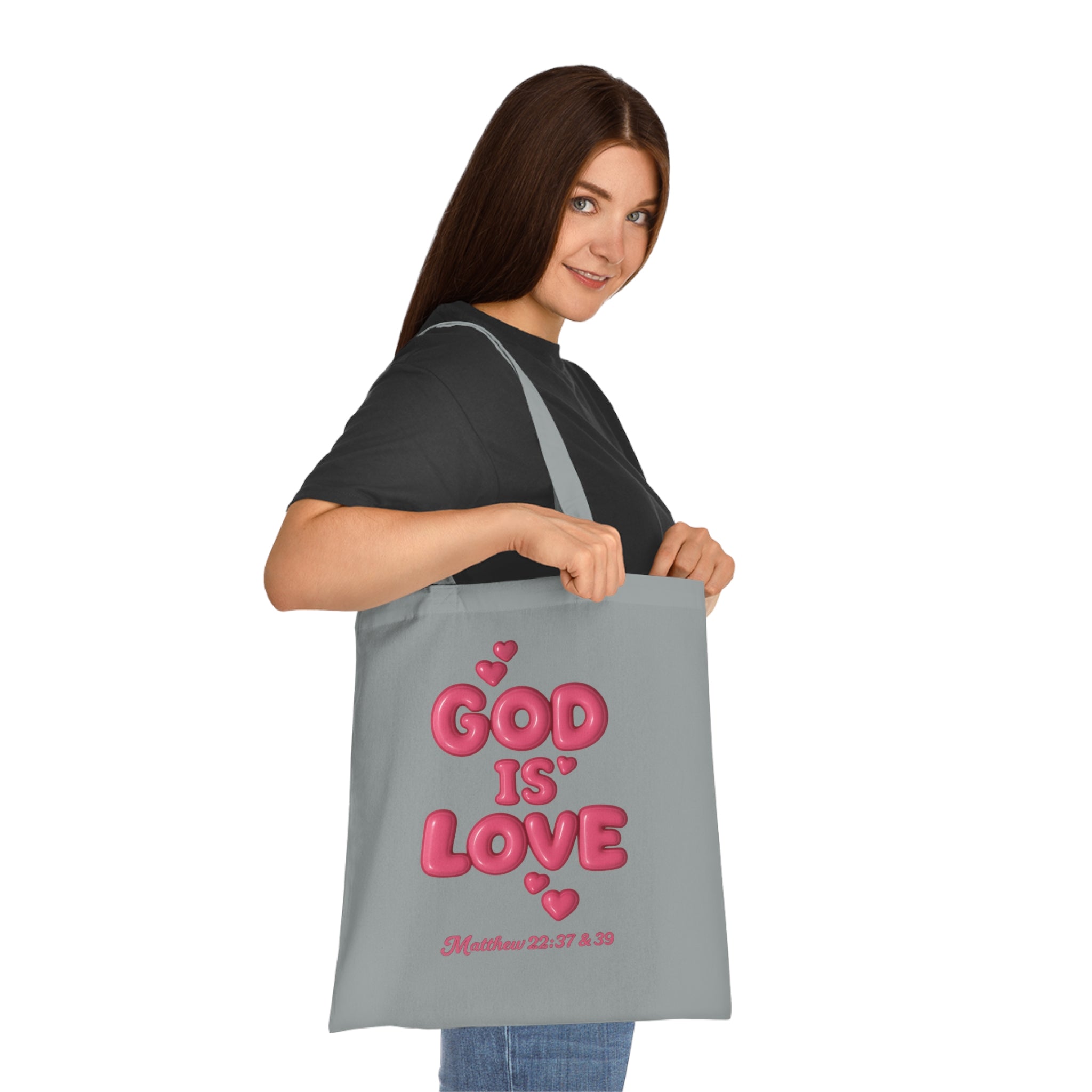 God Is Love Cotton Tote — Pink Heart Christian Scripture Tote (Matthew 22:37 & 39)