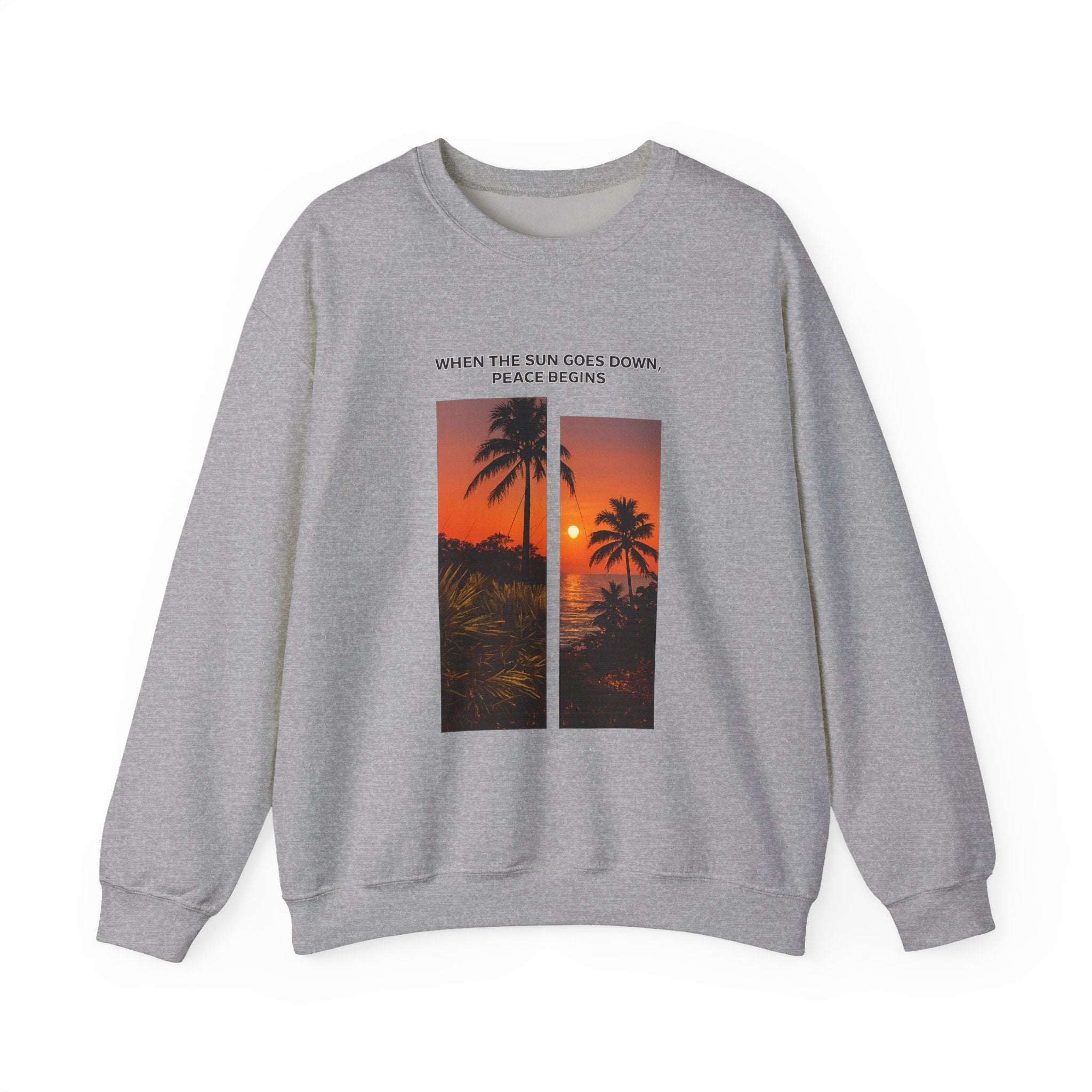 Sunset Palm Crewneck Sweatshirt — "When the Sun Goes Down, Peace Begins"