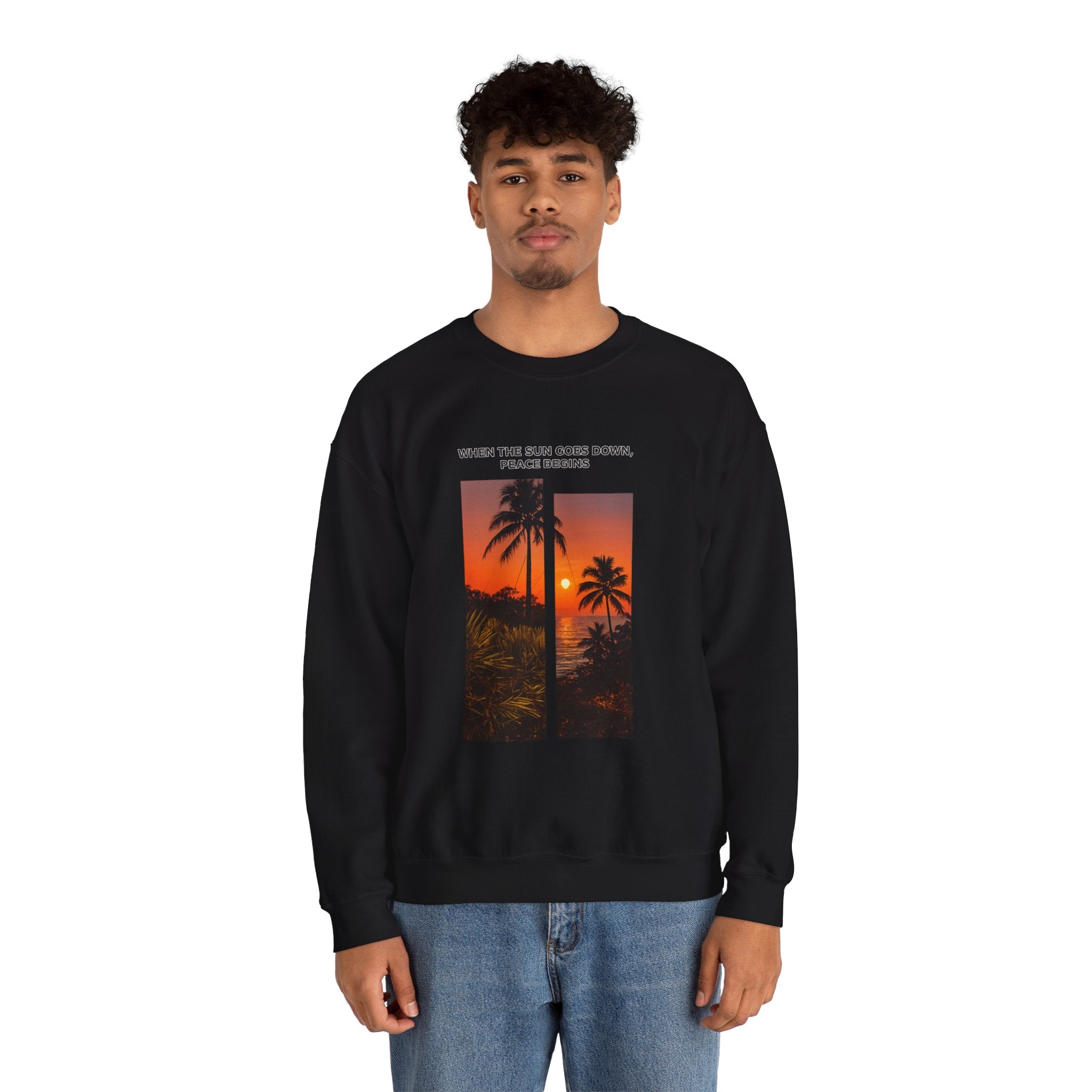 Sunset Palm Crewneck Sweatshirt — "When the Sun Goes Down, Peace Begins"