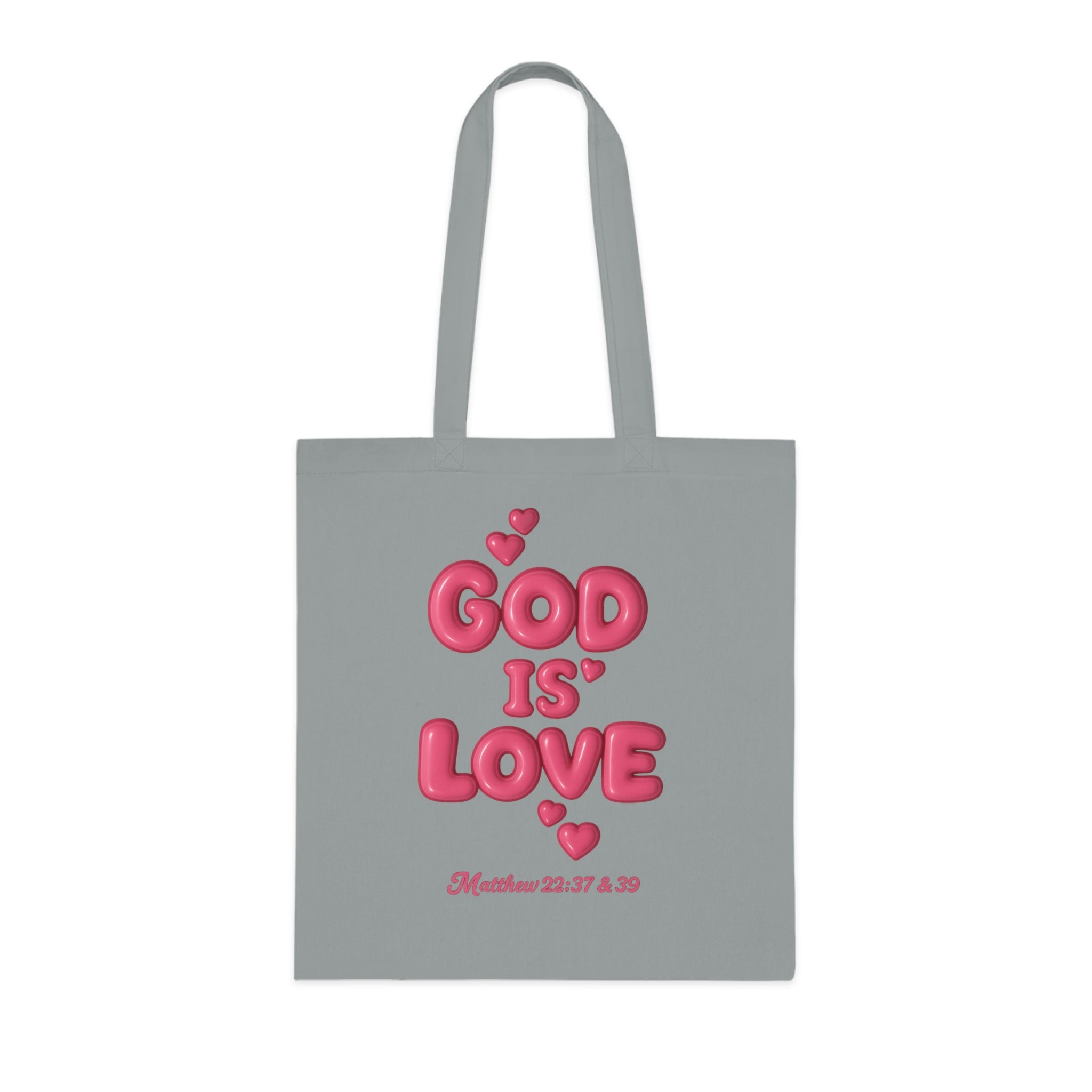 God Is Love Cotton Tote — Pink Heart Christian Scripture Tote (Matthew 22:37 & 39)