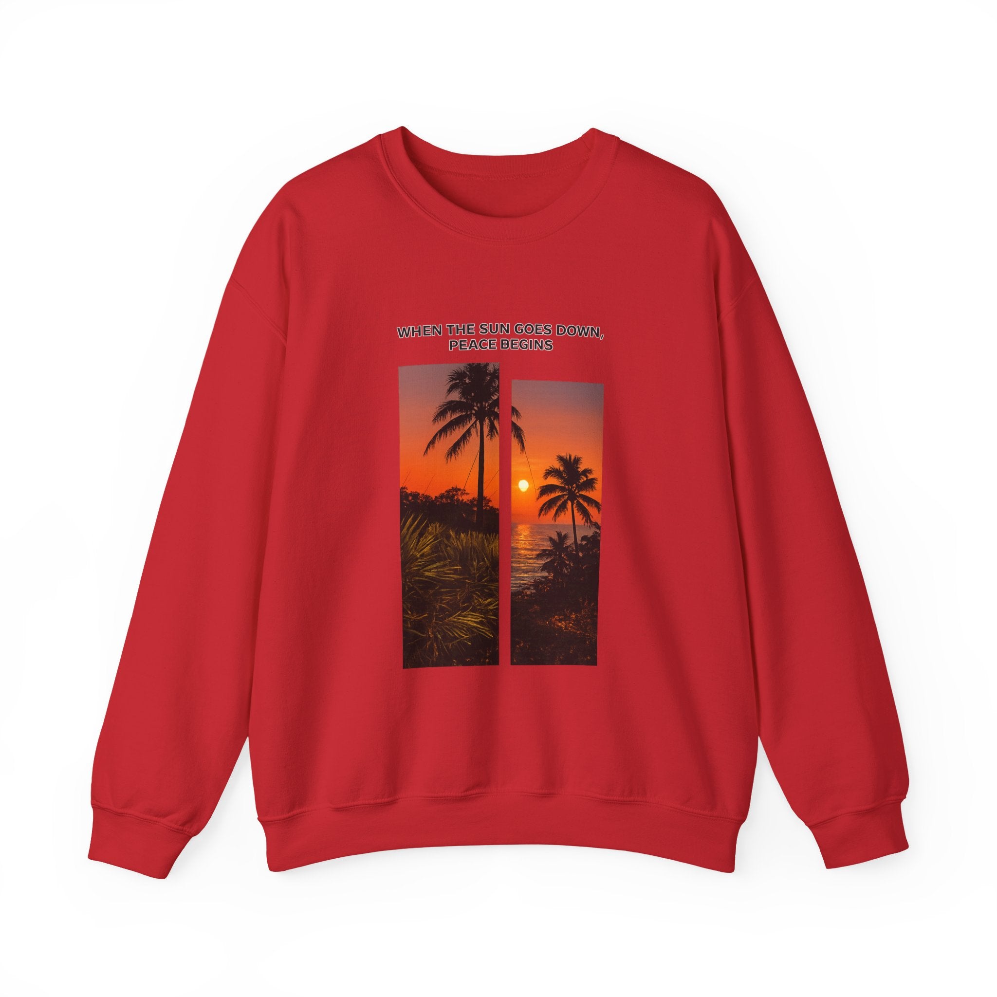 Sunset Palm Crewneck Sweatshirt — "When the Sun Goes Down, Peace Begins"