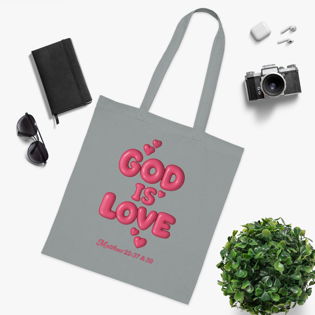 God Is Love Cotton Tote — Pink Heart Christian Scripture Tote (Matthew 22:37 & 39)