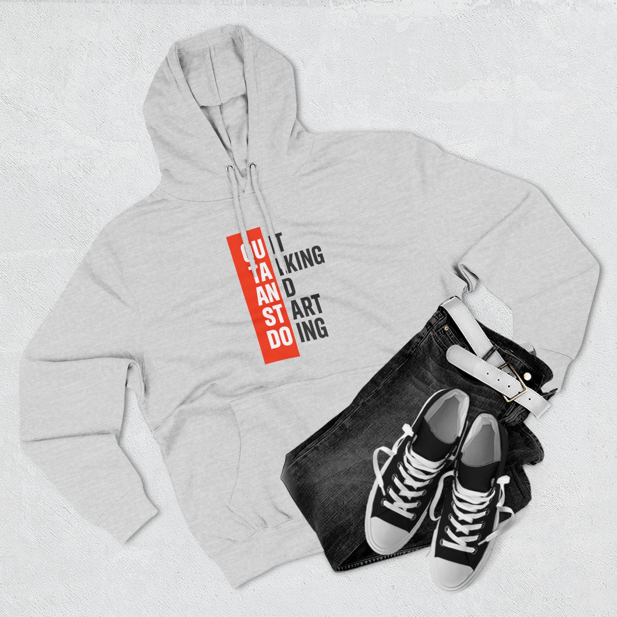 Three-Panel Hoodie — Minimal Vertical Text Design (Outstanding)