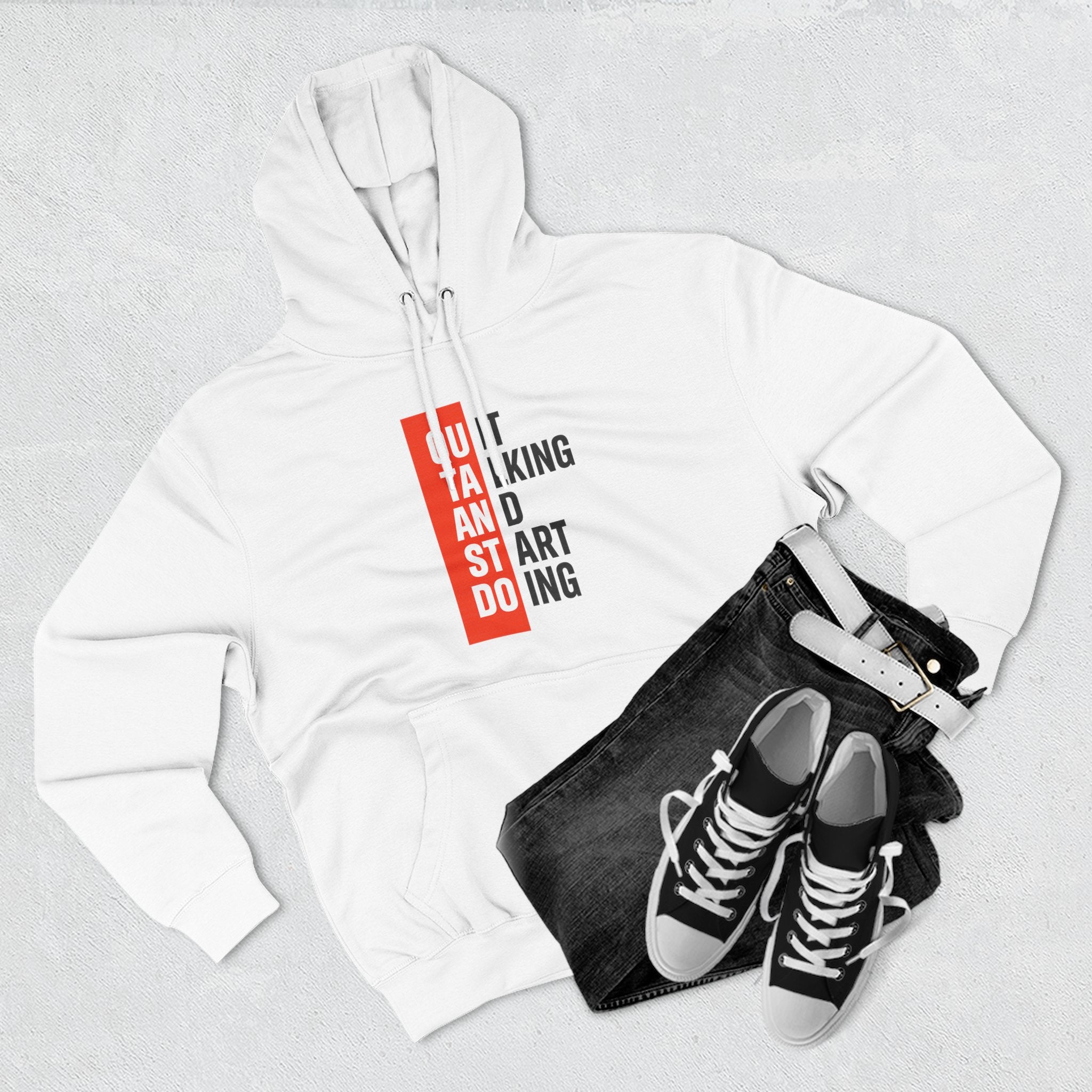 Three-Panel Hoodie — Minimal Vertical Text Design (Outstanding)