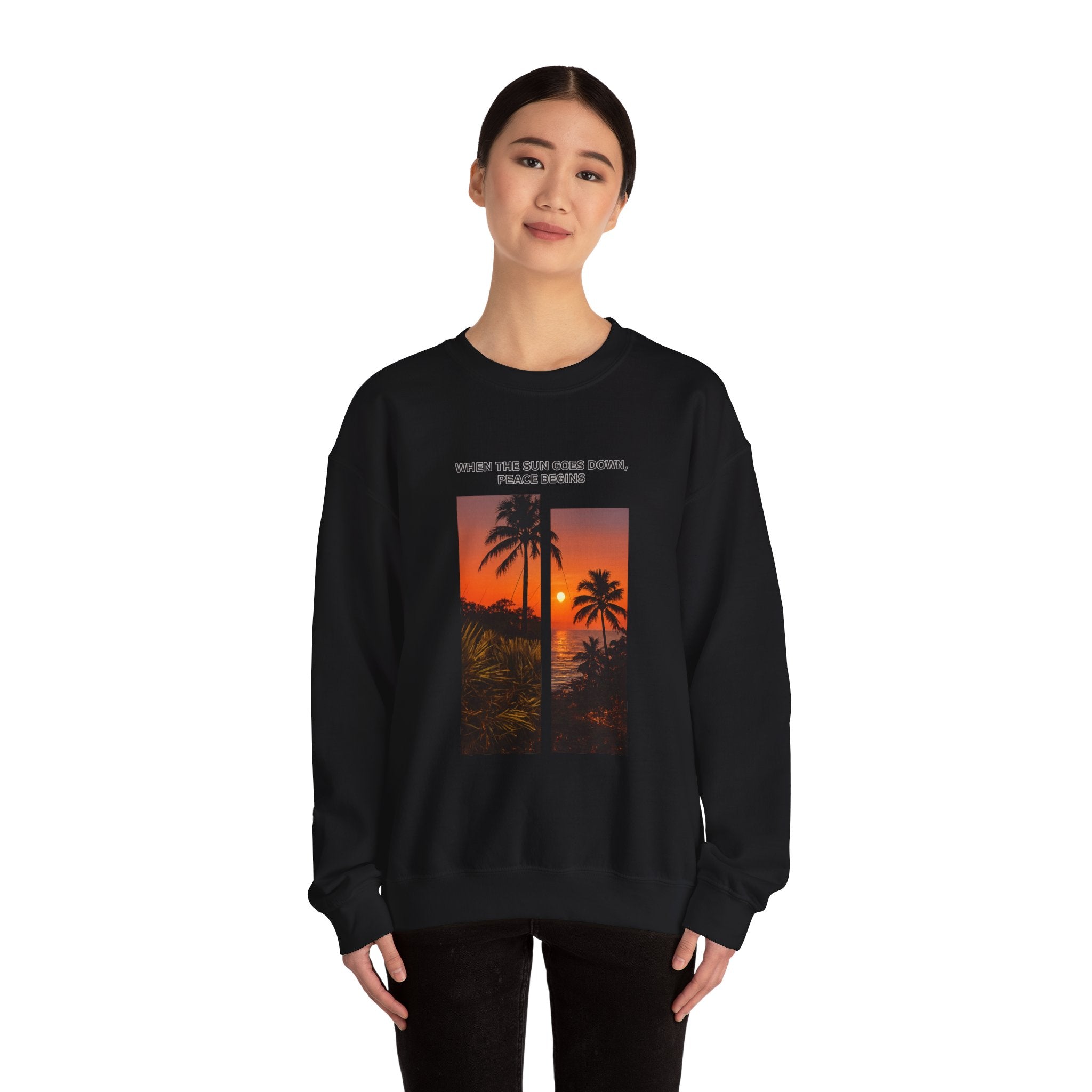 Sunset Palm Crewneck Sweatshirt — "When the Sun Goes Down, Peace Begins"