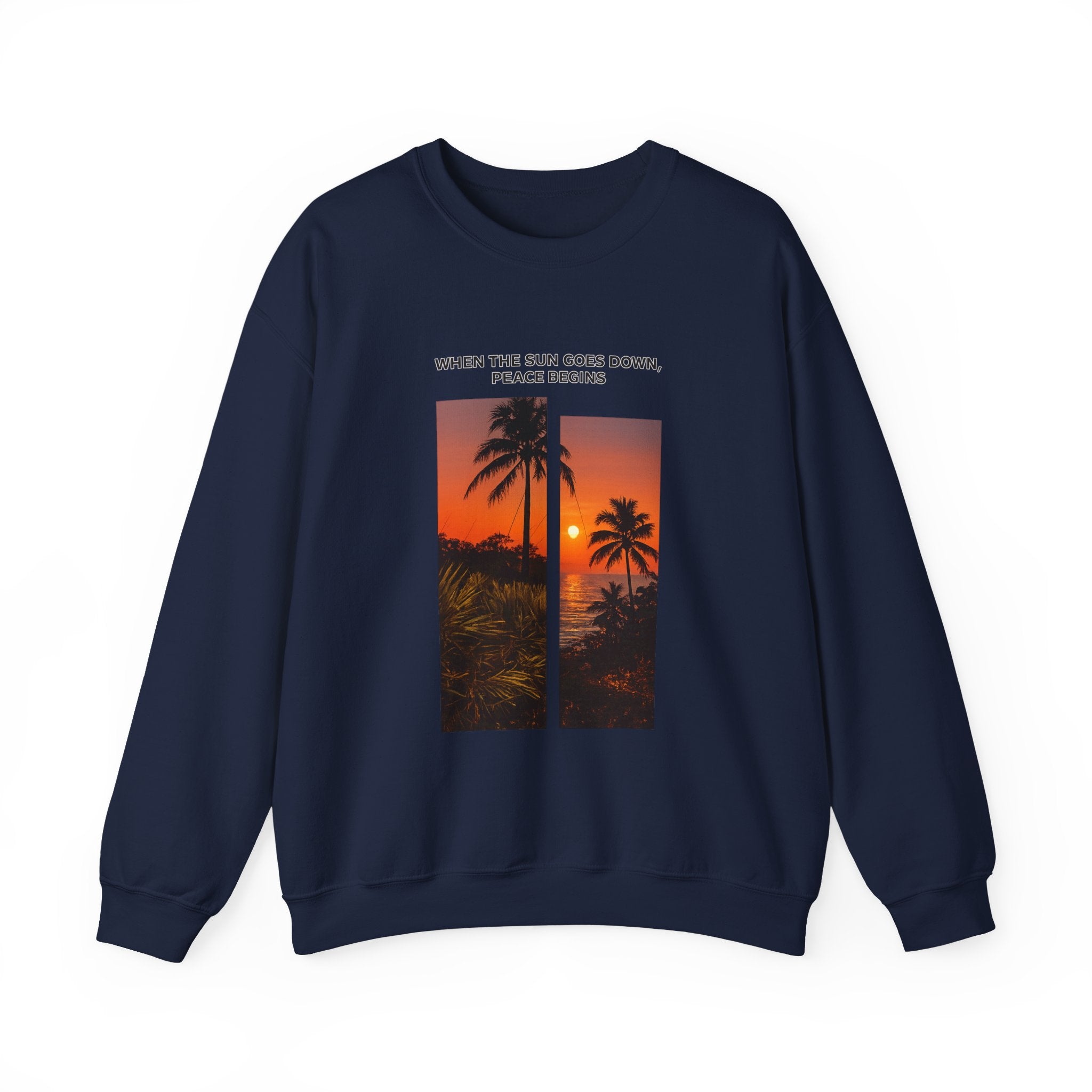Sunset Palm Crewneck Sweatshirt — "When the Sun Goes Down, Peace Begins"