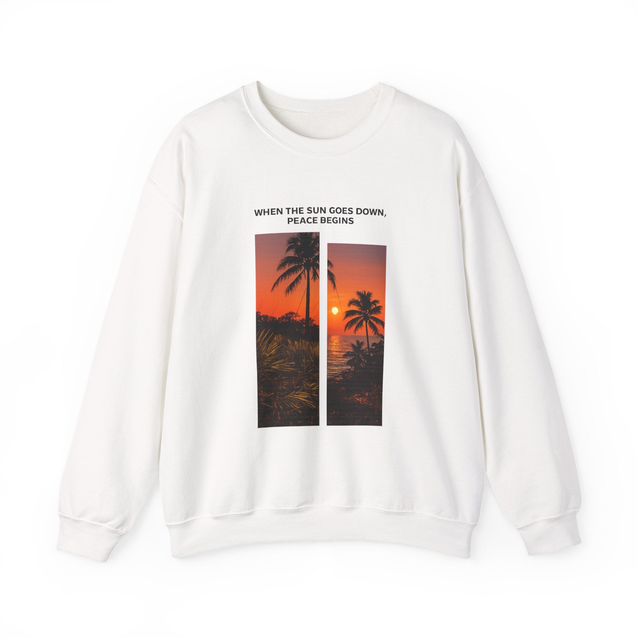 Sunset Palm Crewneck Sweatshirt — "When the Sun Goes Down, Peace Begins"