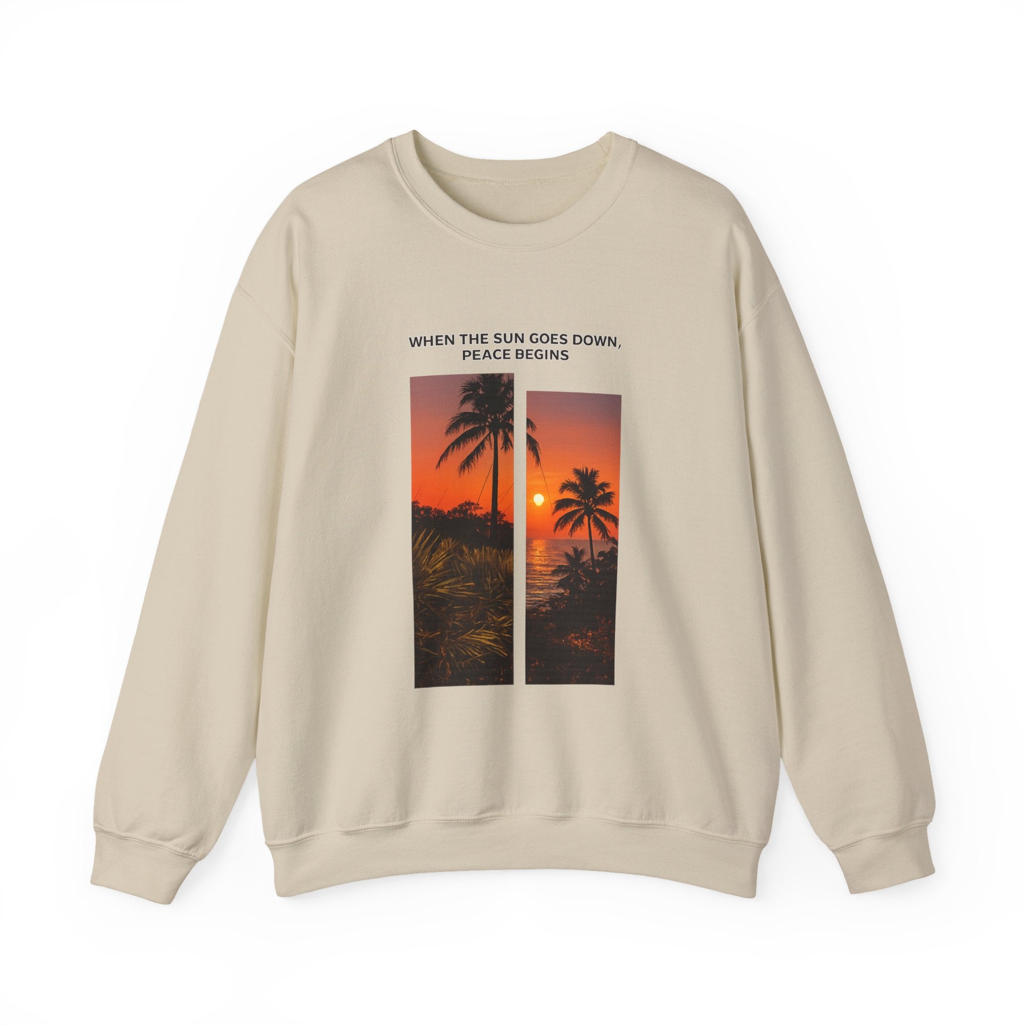 Sunset Palm Crewneck Sweatshirt — "When the Sun Goes Down, Peace Begins"