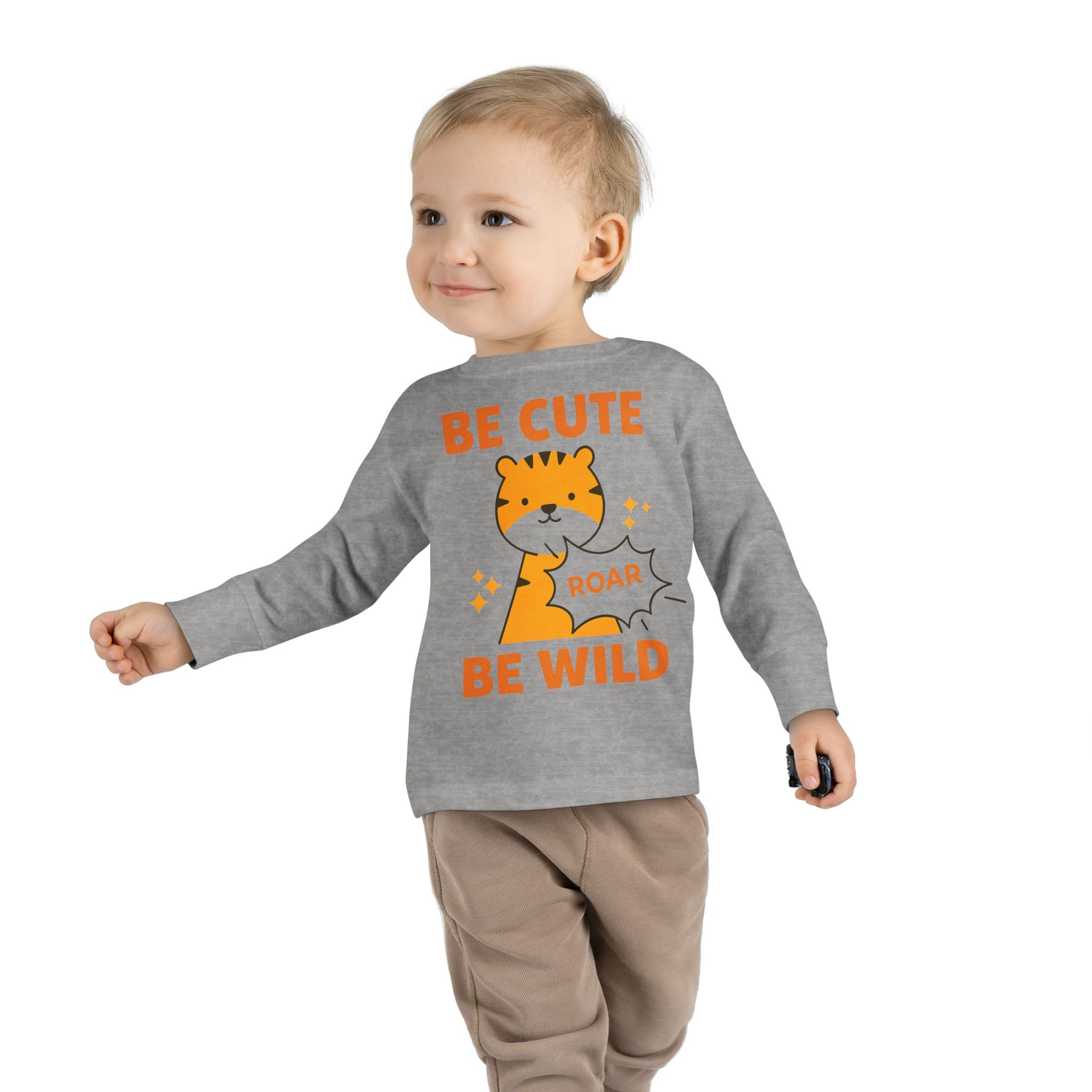 Toddler Long Sleeve Tee — "Be Cute Be Wild" Tiger Roar Graphic