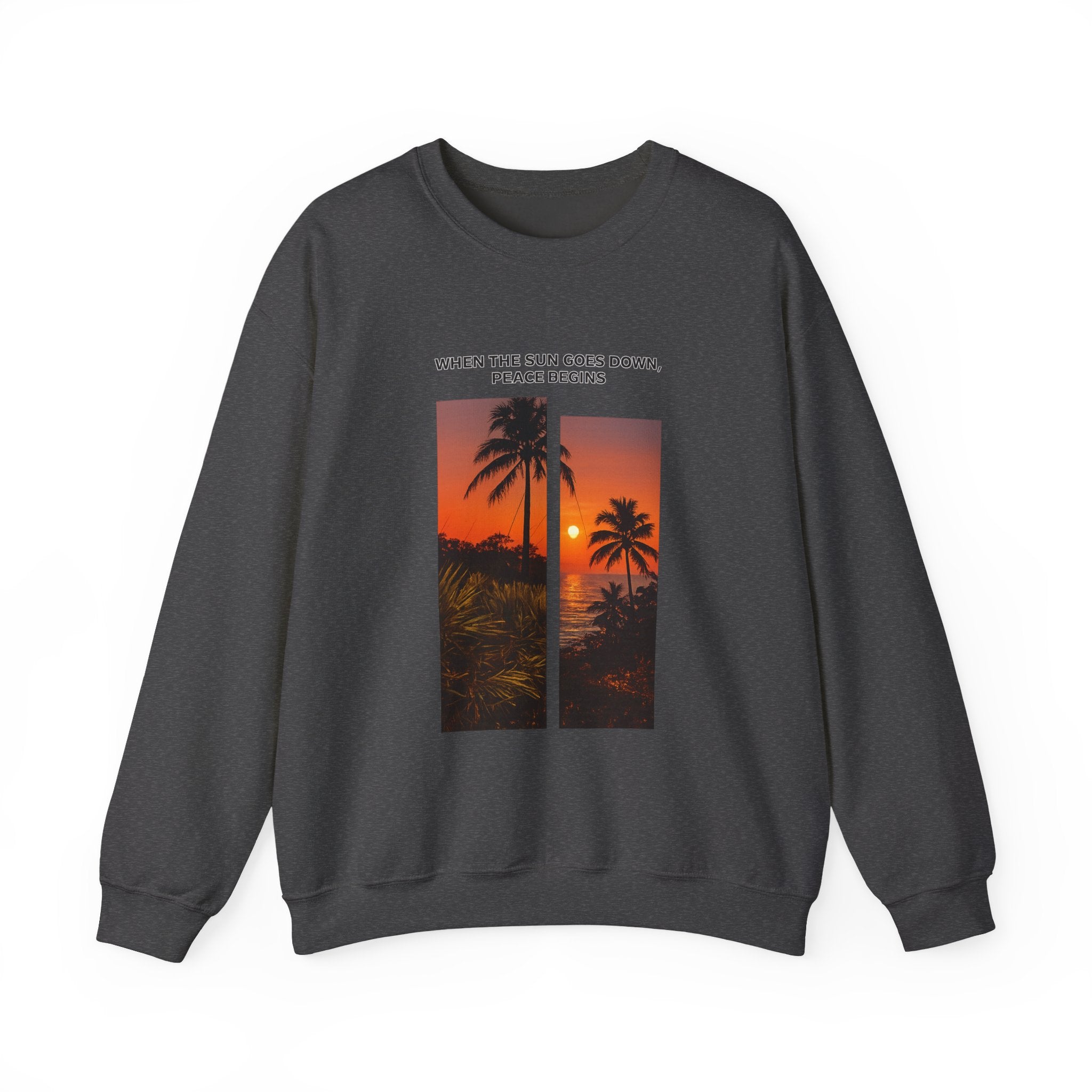 Sunset Palm Crewneck Sweatshirt — "When the Sun Goes Down, Peace Begins"