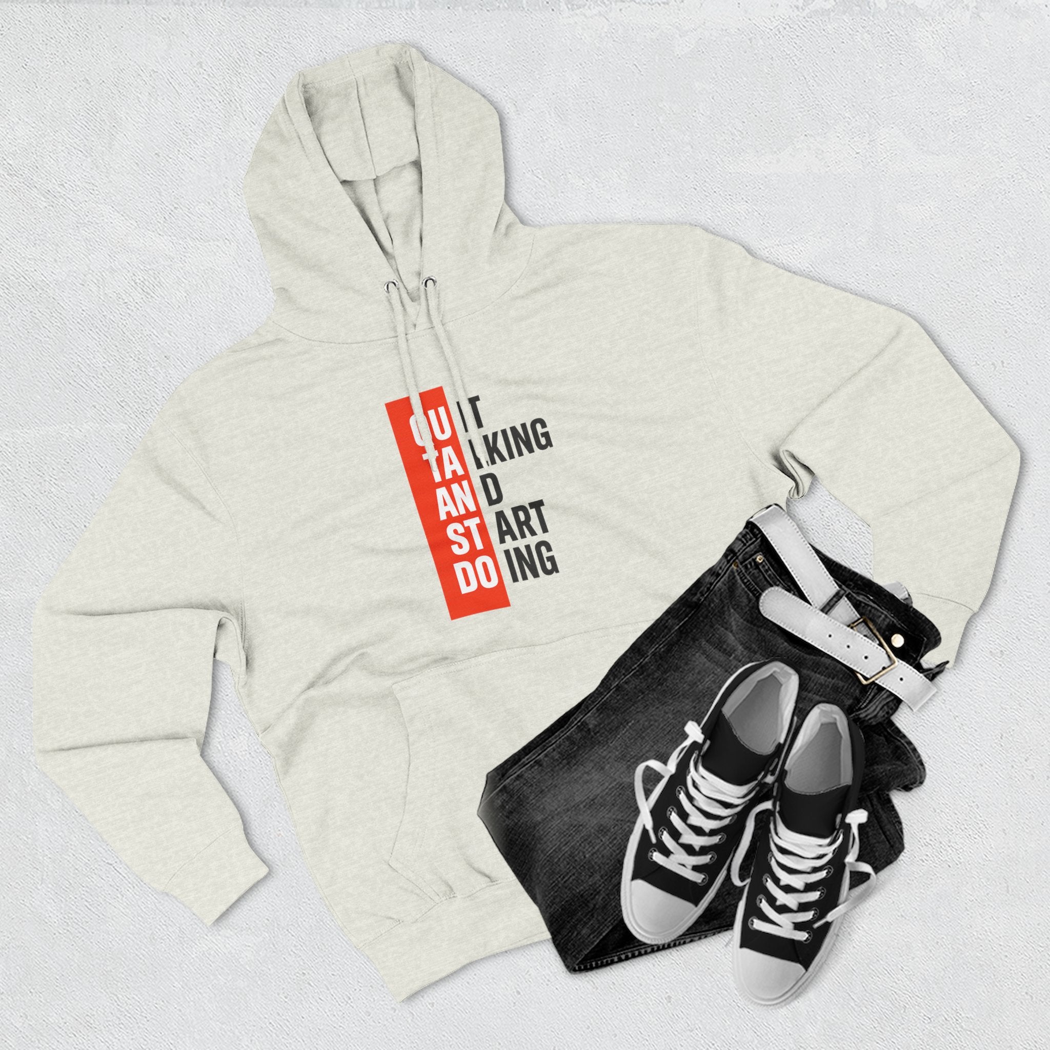 Three-Panel Hoodie — Minimal Vertical Text Design (Outstanding)