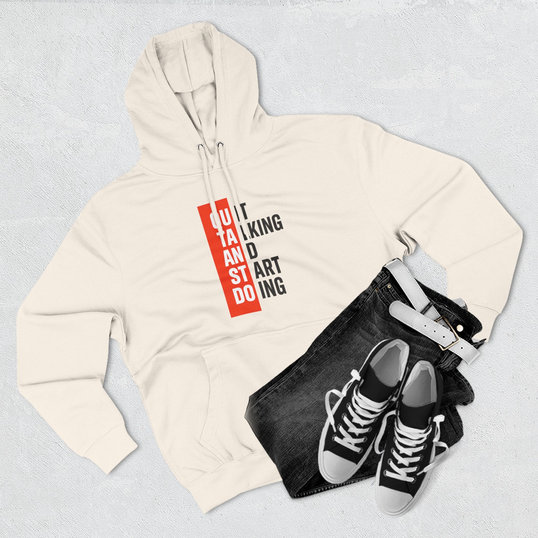Three-Panel Hoodie — Minimal Vertical Text Design (Outstanding)