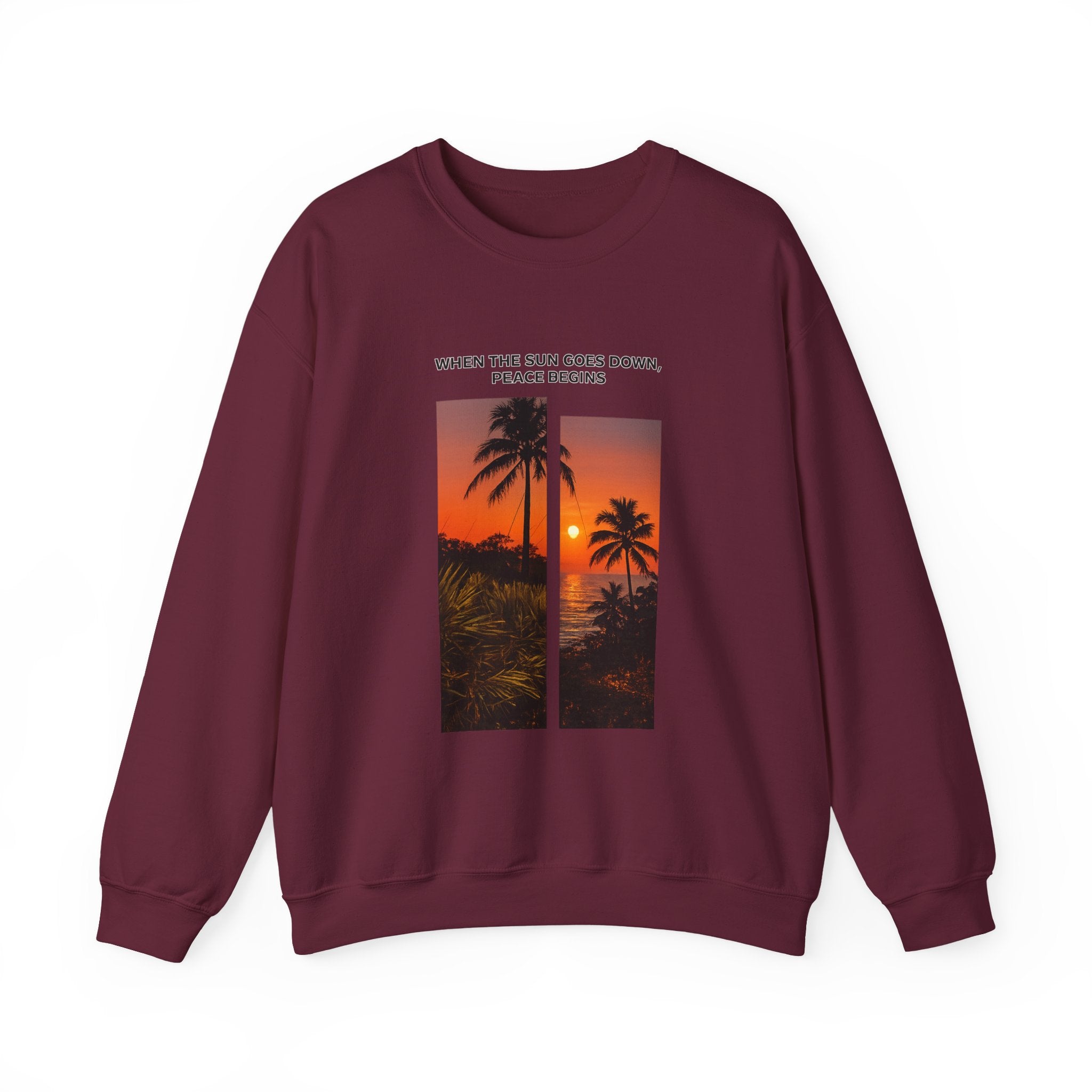 Sunset Palm Crewneck Sweatshirt — "When the Sun Goes Down, Peace Begins"