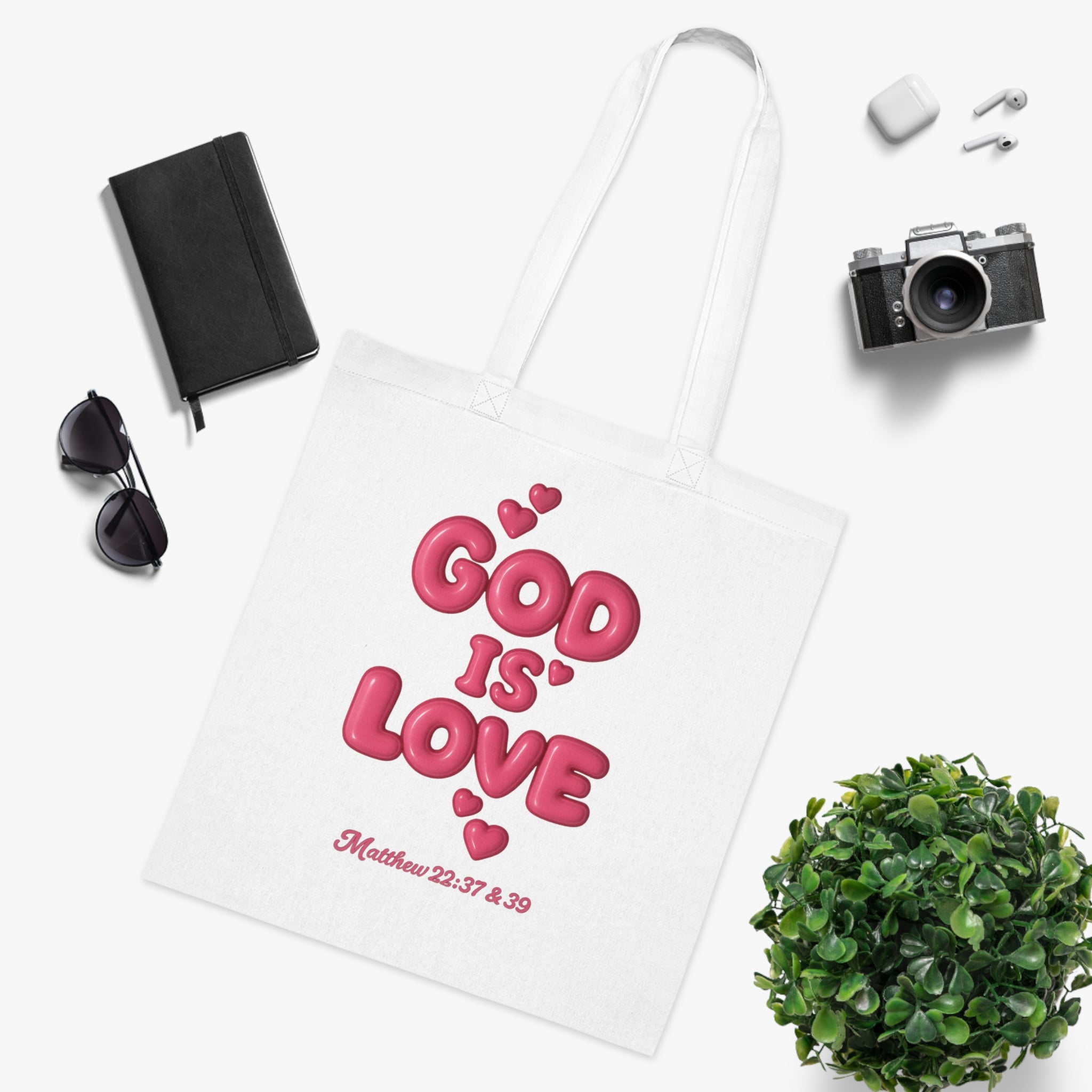 God Is Love Cotton Tote — Pink Heart Christian Scripture Tote (Matthew 22:37 & 39)