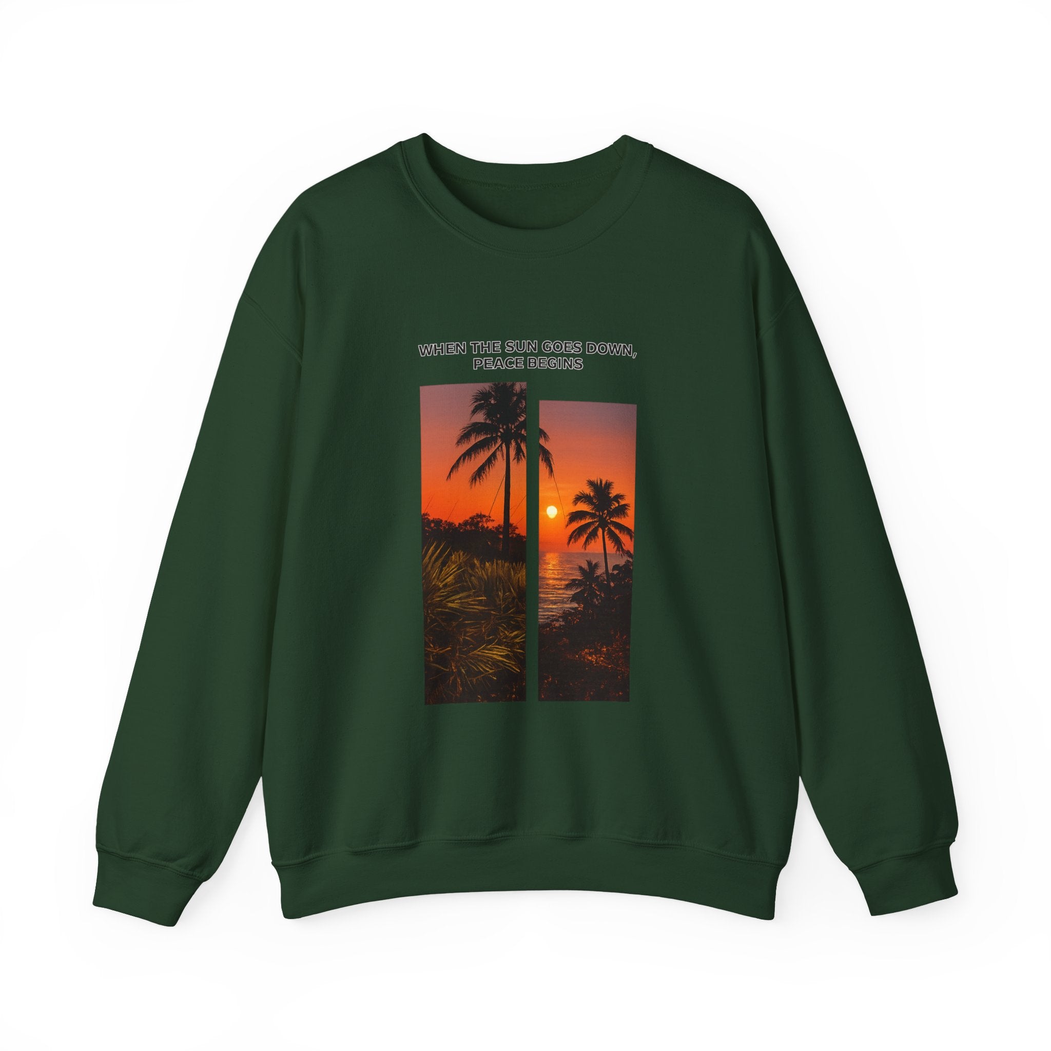 Sunset Palm Crewneck Sweatshirt — "When the Sun Goes Down, Peace Begins"