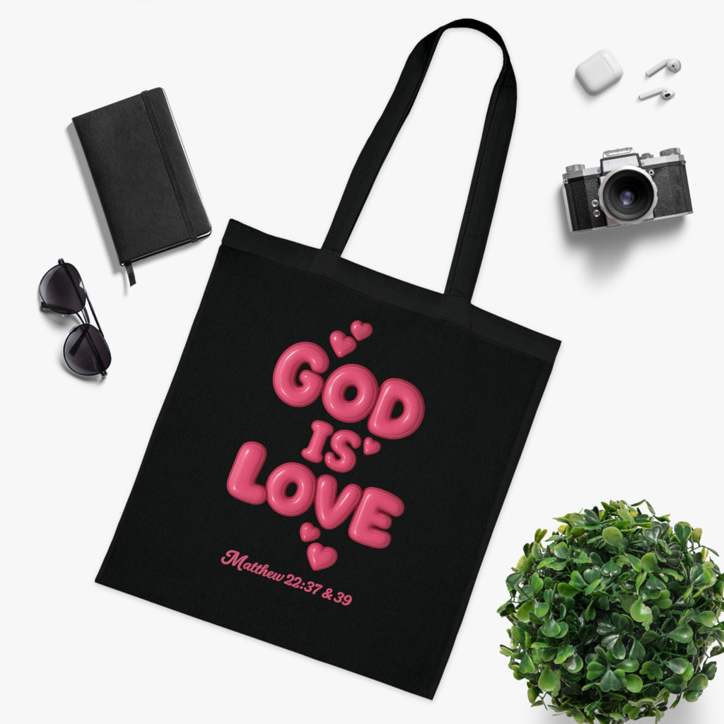 God Is Love Cotton Tote — Pink Heart Christian Scripture Tote (Matthew 22:37 & 39)